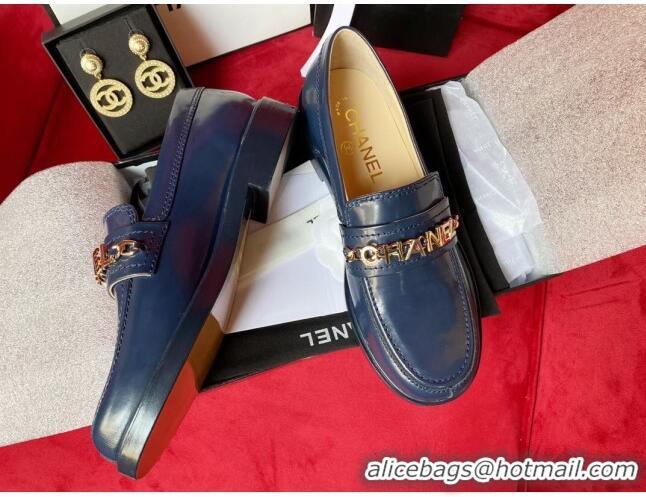 Top Quality Chanel Shiny Leather CAHNEL Charm Loafers 040765 Blue 2021