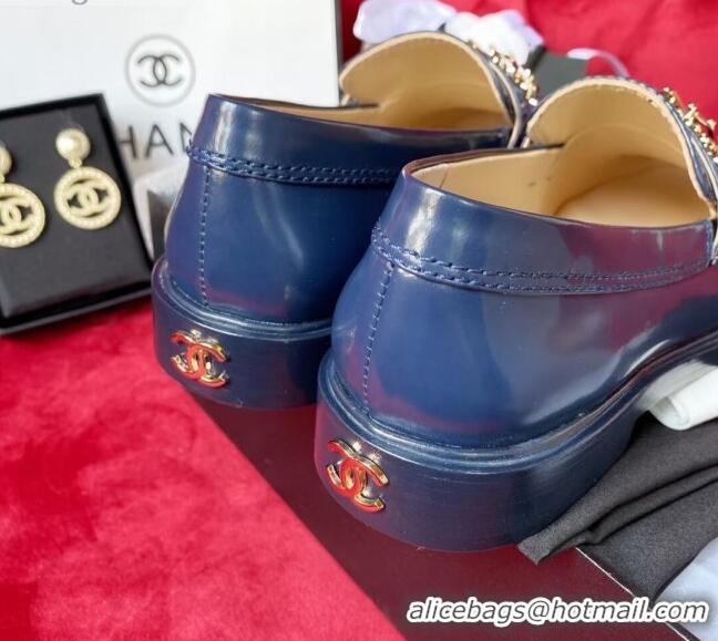 Top Quality Chanel Shiny Leather CAHNEL Charm Loafers 040765 Blue 2021