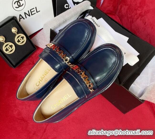 Top Quality Chanel Shiny Leather CAHNEL Charm Loafers 040765 Blue 2021