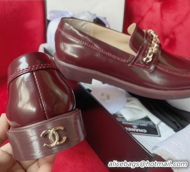 Best Design Chanel Shiny Leather CAHNEL Charm Loafers 040765 Burgundy 2021