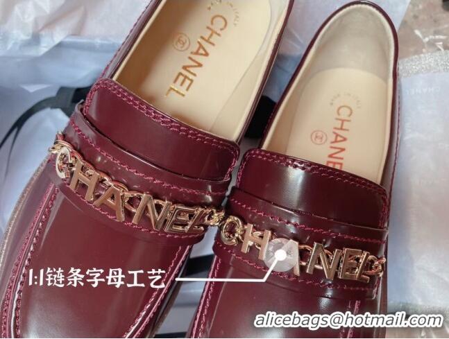 Best Design Chanel Shiny Leather CAHNEL Charm Loafers 040765 Burgundy 2021