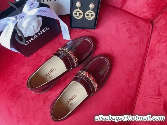 Best Design Chanel Shiny Leather CAHNEL Charm Loafers 040765 Burgundy 2021