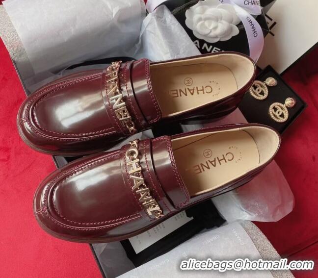 Best Design Chanel Shiny Leather CAHNEL Charm Loafers 040765 Burgundy 2021