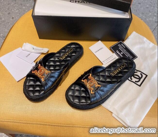 New Design Chanel Quilted Leather CC Knot Flat Slide Sandals 040812 Black 2021