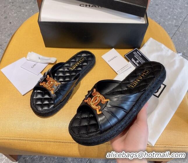 New Design Chanel Quilted Leather CC Knot Flat Slide Sandals 040812 Black 2021