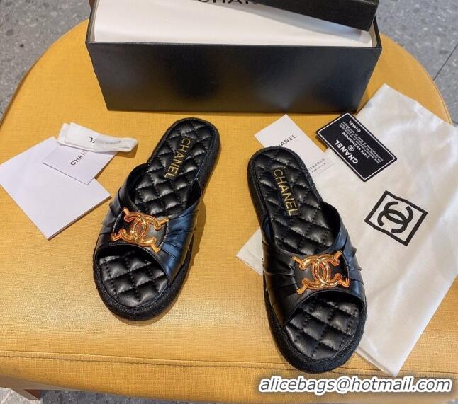 New Design Chanel Quilted Leather CC Knot Flat Slide Sandals 040812 Black 2021