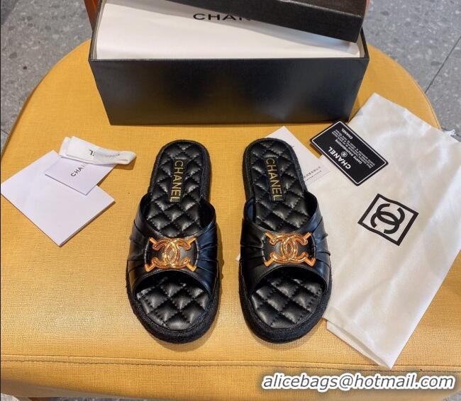 New Design Chanel Quilted Leather CC Knot Flat Slide Sandals 040812 Black 2021