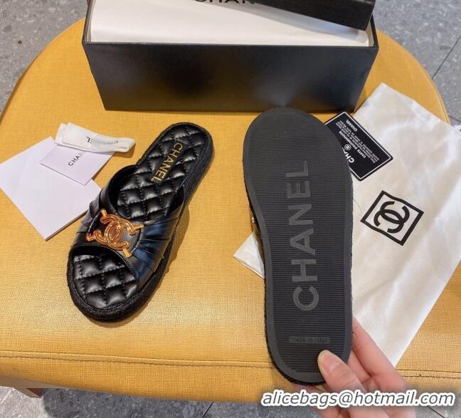 New Design Chanel Quilted Leather CC Knot Flat Slide Sandals 040812 Black 2021