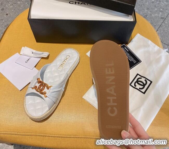 Discount Design Chanel Quilted Leather CC Knot Flat Slide Sandals 040812 White 2021