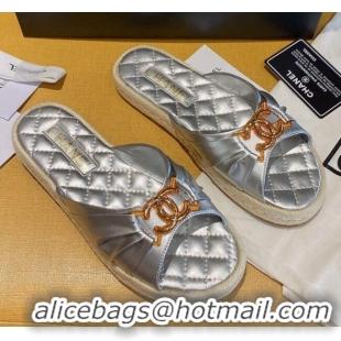 Best Price Chanel Quilted Leather CC Knot Flat Slide Sandals 040812 Silver 2021