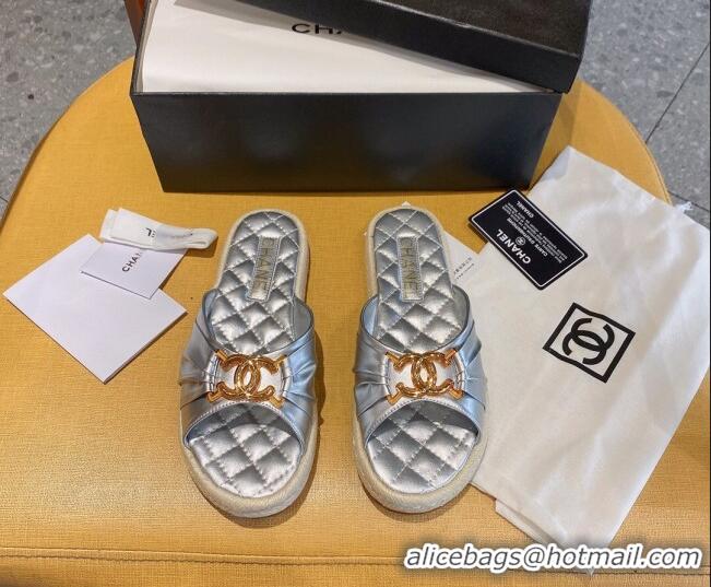 Best Price Chanel Quilted Leather CC Knot Flat Slide Sandals 040812 Silver 2021