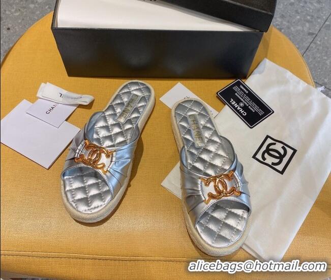 Best Price Chanel Quilted Leather CC Knot Flat Slide Sandals 040812 Silver 2021