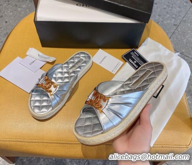 Best Price Chanel Quilted Leather CC Knot Flat Slide Sandals 040812 Silver 2021