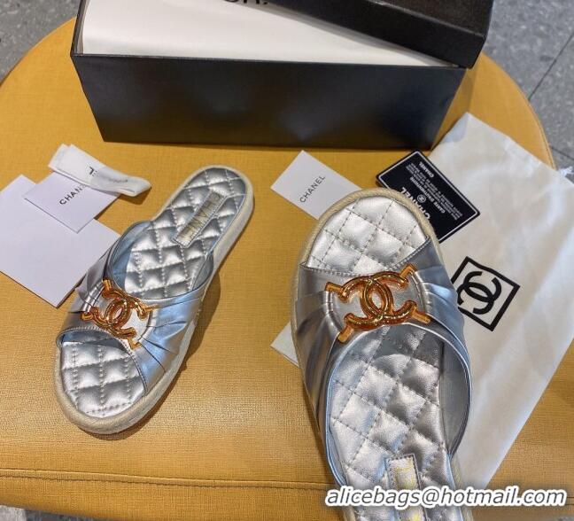 Best Price Chanel Quilted Leather CC Knot Flat Slide Sandals 040812 Silver 2021