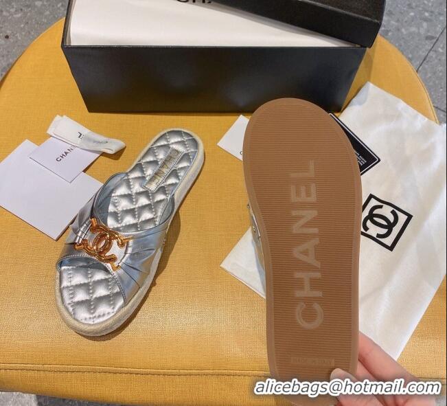 Best Price Chanel Quilted Leather CC Knot Flat Slide Sandals 040812 Silver 2021