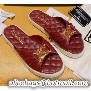 Popular Chanel Quilted Leather CC Knot Flat Slide Sandals 040812 Burgundy 2021