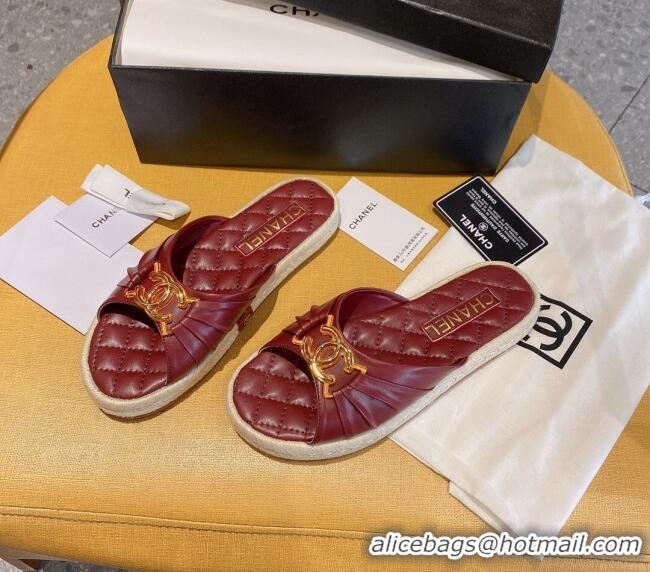 Popular Chanel Quilted Leather CC Knot Flat Slide Sandals 040812 Burgundy 2021