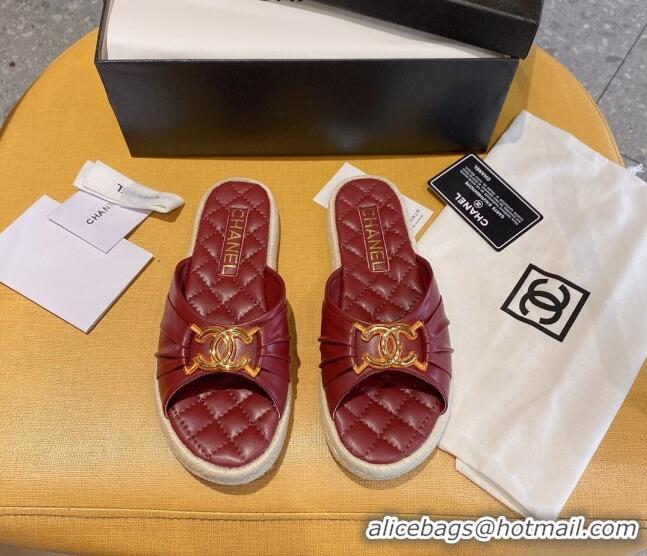 Popular Chanel Quilted Leather CC Knot Flat Slide Sandals 040812 Burgundy 2021