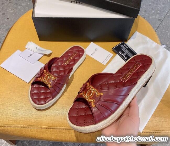 Popular Chanel Quilted Leather CC Knot Flat Slide Sandals 040812 Burgundy 2021