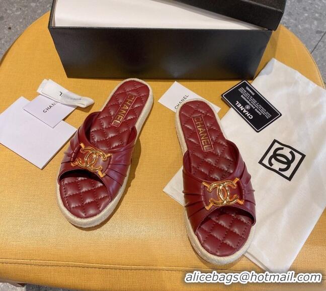 Popular Chanel Quilted Leather CC Knot Flat Slide Sandals 040812 Burgundy 2021