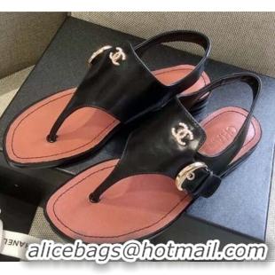 Super Quality Chanel Calfskin Buckle Thong Sandals 040822 Black 2021