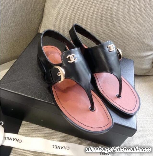 Super Quality Chanel Calfskin Buckle Thong Sandals 040822 Black 2021