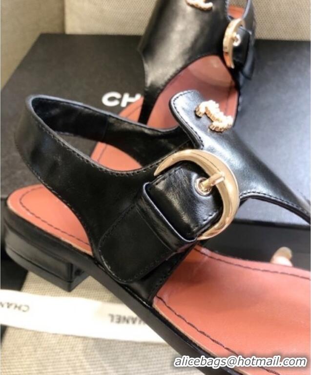 Super Quality Chanel Calfskin Buckle Thong Sandals 040822 Black 2021