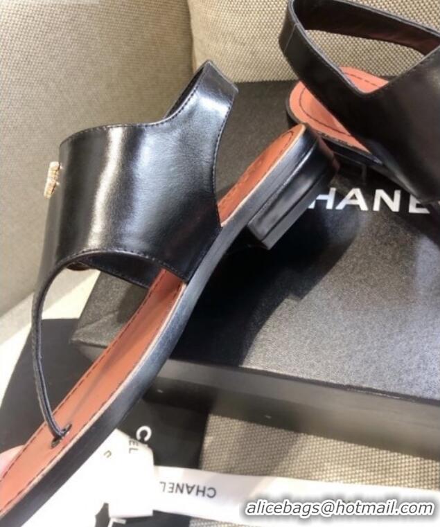 Super Quality Chanel Calfskin Buckle Thong Sandals 040822 Black 2021