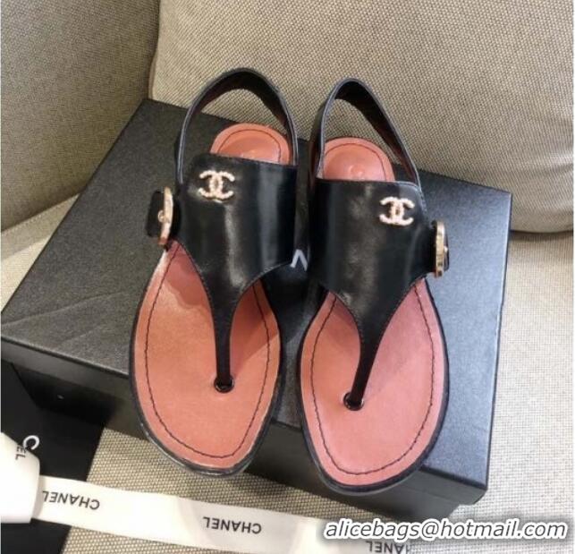 Super Quality Chanel Calfskin Buckle Thong Sandals 040822 Black 2021