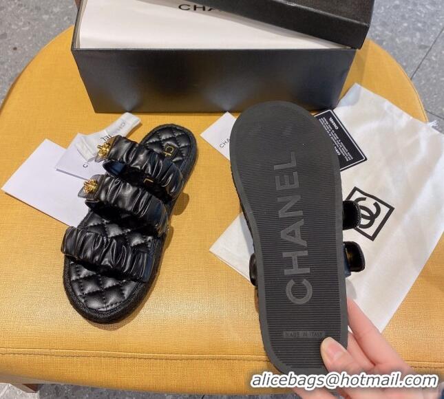 Low Price Chanel Pleated Leather Strap Buckle Flat Sandals 040817 Black 2021