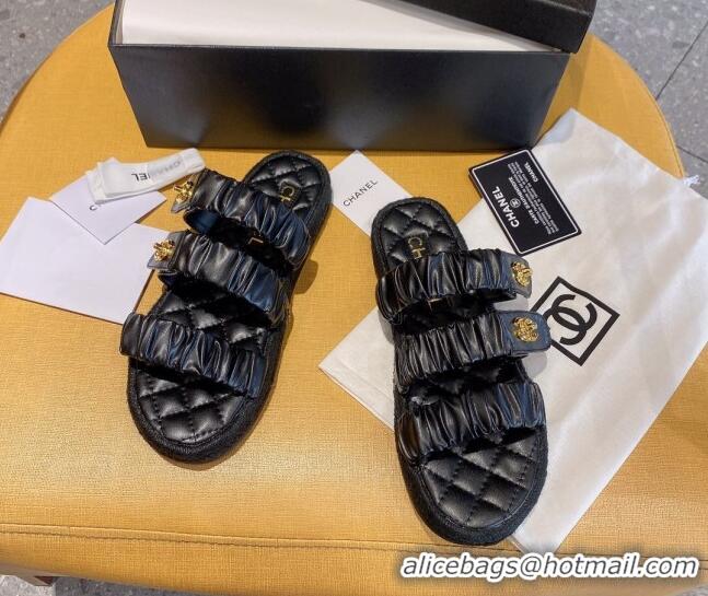 Low Price Chanel Pleated Leather Strap Buckle Flat Sandals 040817 Black 2021