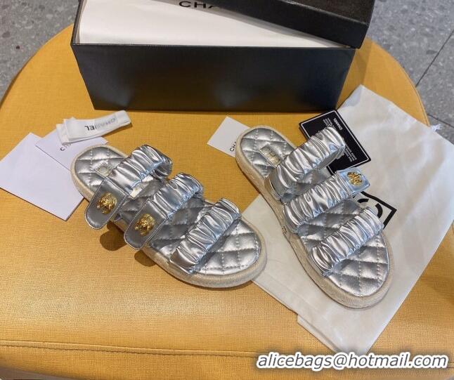 Low Price Chanel Pleated Leather Strap Buckle Flat Sandals 040817 Silver 2021