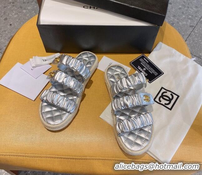 Low Price Chanel Pleated Leather Strap Buckle Flat Sandals 040817 Silver 2021