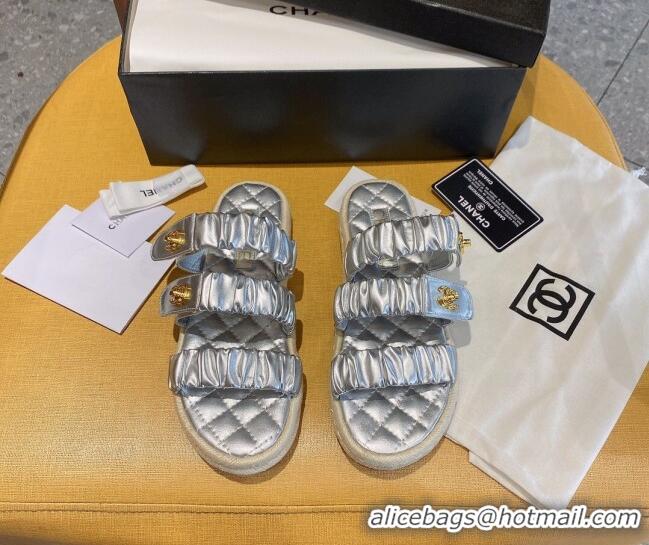 Low Price Chanel Pleated Leather Strap Buckle Flat Sandals 040817 Silver 2021