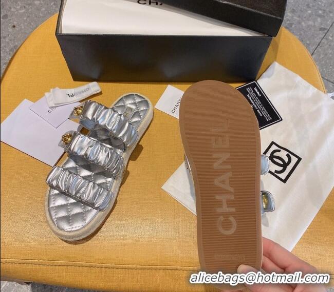 Low Price Chanel Pleated Leather Strap Buckle Flat Sandals 040817 Silver 2021