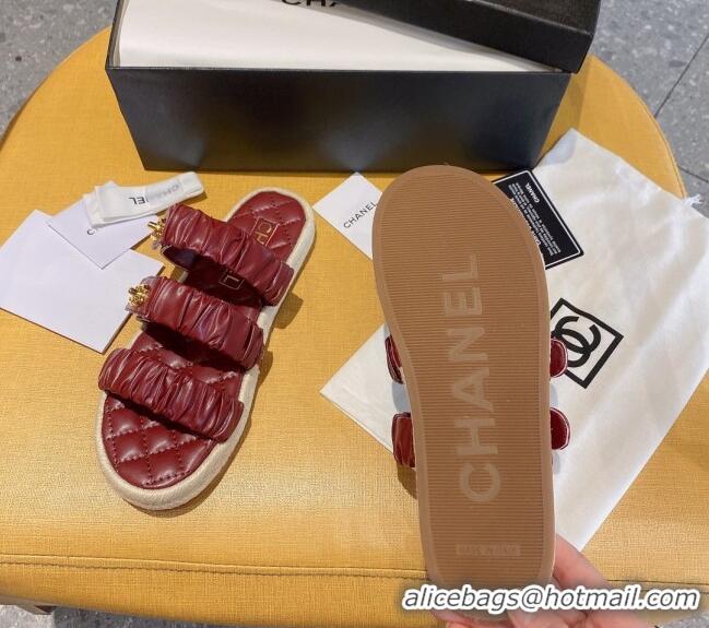 Fashion Chanel Pleated Leather Strap Buckle Flat Sandals 040817 Burgundy 2021