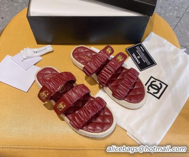 Fashion Chanel Pleated Leather Strap Buckle Flat Sandals 040817 Burgundy 2021