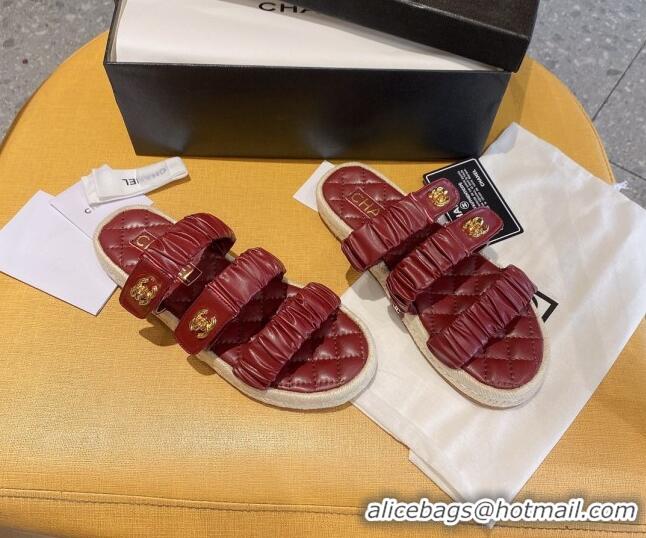 Fashion Chanel Pleated Leather Strap Buckle Flat Sandals 040817 Burgundy 2021