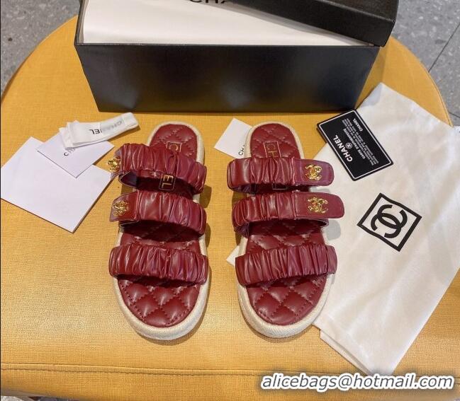 Fashion Chanel Pleated Leather Strap Buckle Flat Sandals 040817 Burgundy 2021