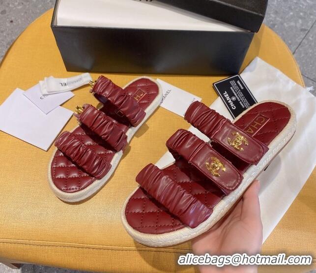 Fashion Chanel Pleated Leather Strap Buckle Flat Sandals 040817 Burgundy 2021