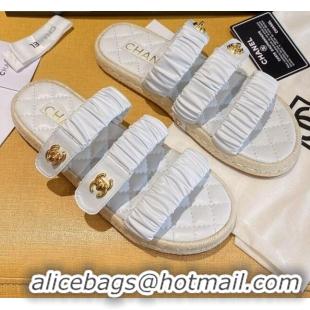 Low Cost Chanel Pleated Leather Strap Buckle Flat Sandals 040817 White 2021