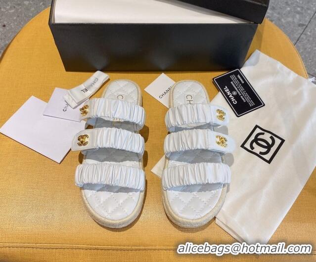 Low Cost Chanel Pleated Leather Strap Buckle Flat Sandals 040817 White 2021