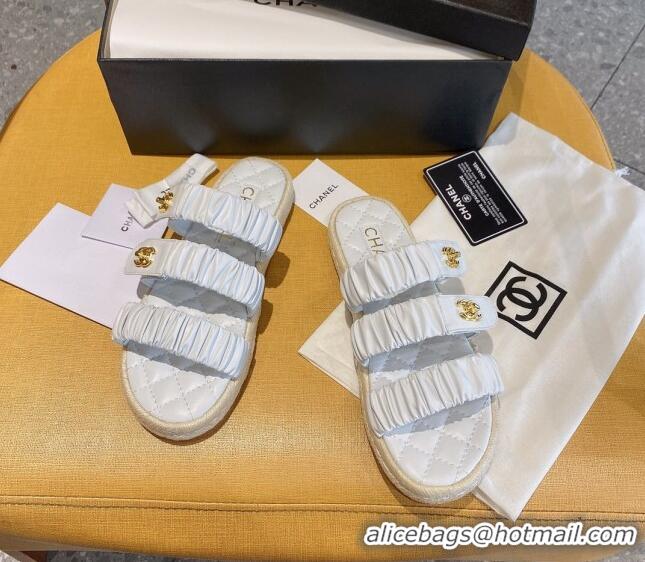 Low Cost Chanel Pleated Leather Strap Buckle Flat Sandals 040817 White 2021