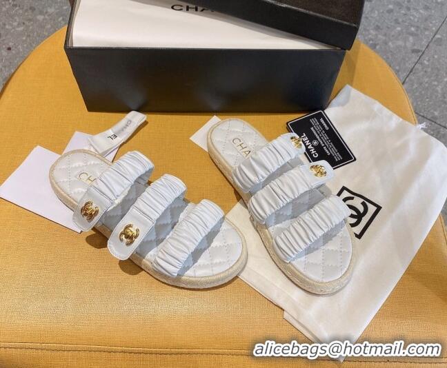 Low Cost Chanel Pleated Leather Strap Buckle Flat Sandals 040817 White 2021