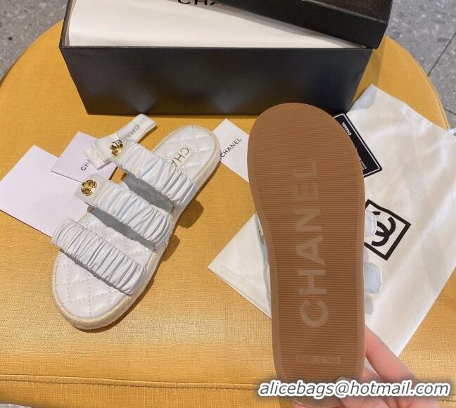 Low Cost Chanel Pleated Leather Strap Buckle Flat Sandals 040817 White 2021