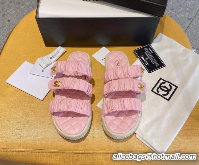 Affordable Price Chanel Pleated Leather Strap Buckle Flat Sandals 040817 Pink 2021