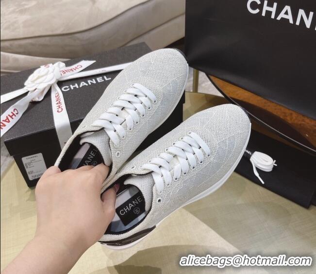 Stylish Chanel Embroidered Mesh Sneakers G37129 Light Gray 2021