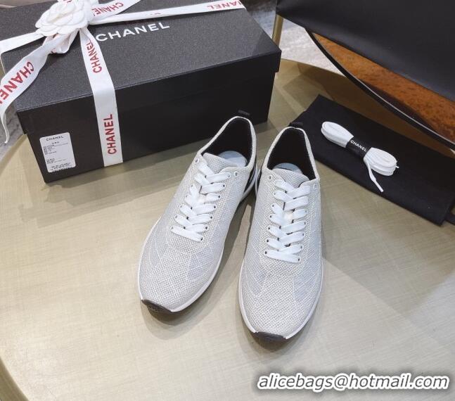 Stylish Chanel Embroidered Mesh Sneakers G37129 Light Gray 2021