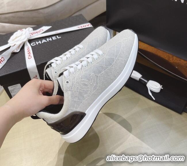 Stylish Chanel Embroidered Mesh Sneakers G37129 Light Gray 2021