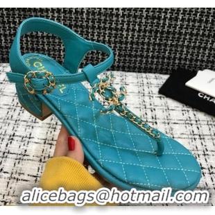 Sumptuous Chanel Leather Heel Thong Sandals with Chain Charm 040895 Peacock Green